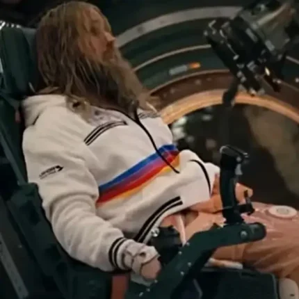 Project Hail Mary Ryan Gosling white zip hoodie with rainbow stripe detail and hooded style