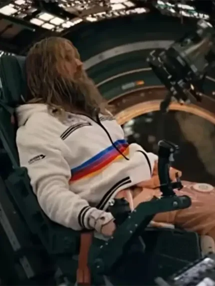 Project Hail Mary Ryan Gosling white zip hoodie with rainbow stripe detail and hooded style