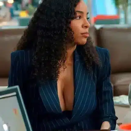 Front view of Relationship Goals 2026 blue stripe blazer showing clean lapels and tailored women’s fit.