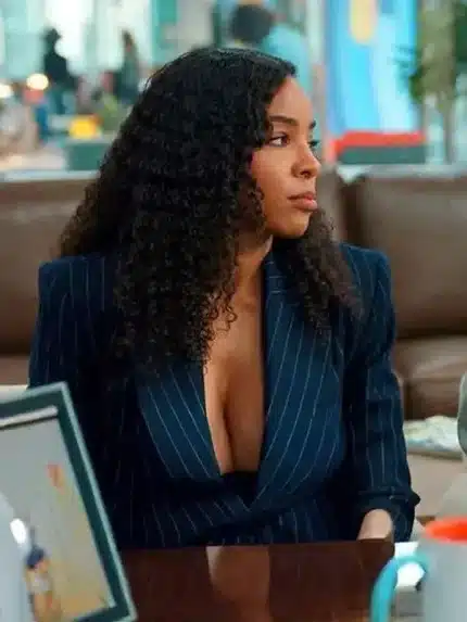 Front view of Relationship Goals 2026 blue stripe blazer showing clean lapels and tailored women’s fit.