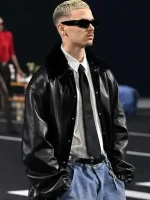 Romeo Beckham black leather jacket with fur collar, premium design