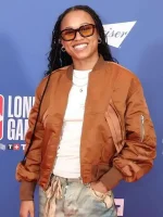 Front view of Shiv Wilson brown bomber jacket with ribbed collar