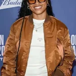 Shiv Wilson London Game 2026 brown bomber jacket with premium leather design