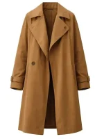 Front view of Zara Dunne brown cotton trench coat with detailed stitching