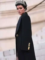 Teyana Taylor 2026 black wool coat with clean long trench look