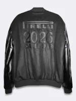 Back view of The Cal 2026 Pirelli calendar varsity jacket, wool and leather
