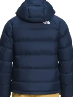Back view of Hydrenalite down blue puffer jacket showing full coverage, hood, and clean winter silhouette.