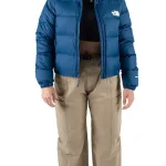 Front view of women’s Hydrenalite down blue puffer jacket with hood, zip closure, and warm padded panels.