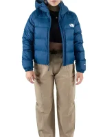 Front view of women’s Hydrenalite down blue puffer jacket with hood, zip closure, and warm padded panels.