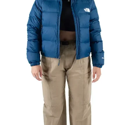 Front view of women’s Hydrenalite down blue puffer jacket with hood, zip closure, and warm padded panels.