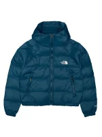 Full view of women’s Hydrenalite down blue puffer jacket with hood, padded design, and winter-ready fit.