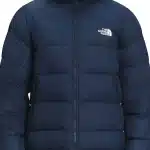 Front view of Hydrenalite down blue puffer jacket with hood, zip closure, and puffer panels.