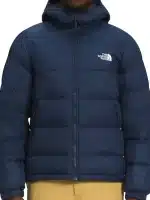 Front view of Hydrenalite down blue puffer jacket with hood, zip closure, and puffer panels.