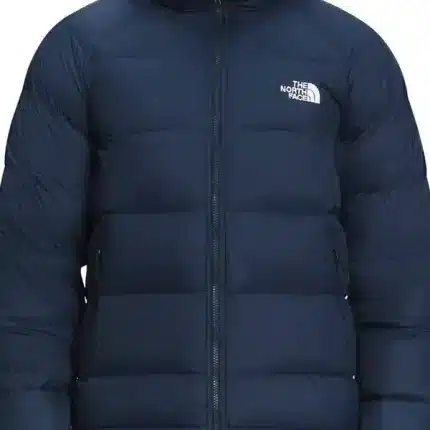 Front view of Hydrenalite down blue puffer jacket with hood, zip closure, and puffer panels.