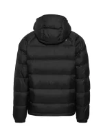 Closeup of The North Face Hydrenalite down hoodie showing chest logo, zipper, and smooth puffer shell.