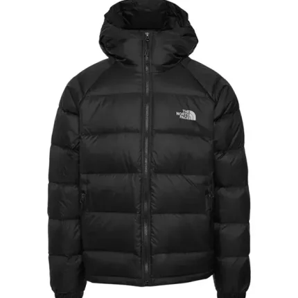 The North Face Hydrenalite down hoodie front view in black with hood, full zip, and puffer baffles.