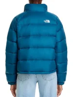 Back view of Hydrenalite down teal blue puffer jacket showing full coverage, hood, and clean winter silhouette.