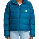 Front view of Hydrenalite down teal blue puffer jacket with hood, full zip closure, and warm puffer panels.