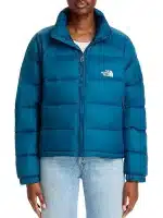Front view of Hydrenalite down teal blue puffer jacket with hood, full zip closure, and warm puffer panels.
