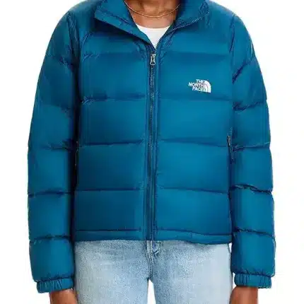 Front view of Hydrenalite down teal blue puffer jacket with hood, full zip closure, and warm puffer panels.