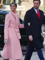 Full look of women’s pastel pink long coat with belt, sleek silhouette, and classy winter styling for events and outings.