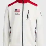White Team USA track jacket 2026 with fleece fabric, full zip front, and stand collar for a clean sporty look.