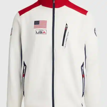White Team USA track jacket 2026 with fleece fabric, full zip front, and stand collar for a clean sporty look.
