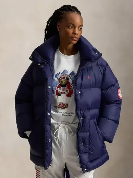 Winter Olympics 2026 Team USA navy down puffer jacket showing padded winter look and clean sporty style