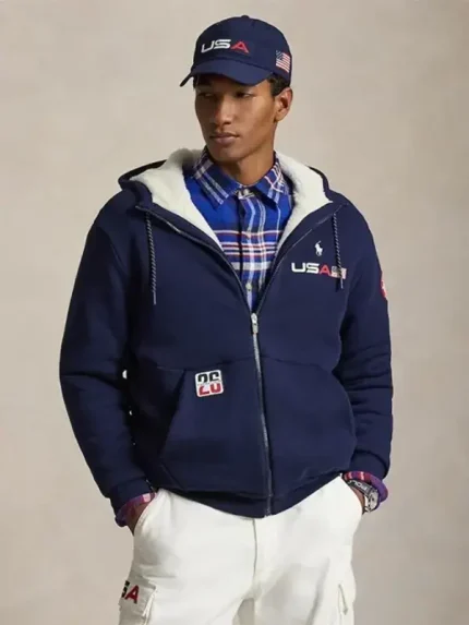 Winter Olympics 2026 Team USA sherpa hoodie showing cozy fleece look, hooded style and relaxed fit for winter wear