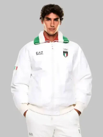 Winter Olympics 2026 Team Italy EA7 jacket showing clean bomber style and sporty look for daily wear and travel