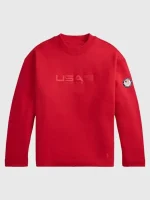 Red Team USA mockneck fleece sweatshirt showing close look at collar, fabric texture and neat stitching