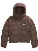 Hooded view of women’s puffer jacket showing extra neck coverage, padded design, and cozy winter fit for windy days.