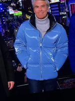 Full front view of the Zellberry Andy Cohen blue puffer jacket for 2026.