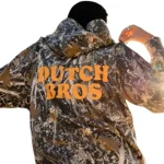 dutch bros camo hoodie back view showing large logo graphics