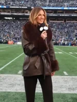 Close-up detail of Erin Andrews coat today with plush texture