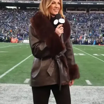 Close-up detail of Erin Andrews coat today with plush texture