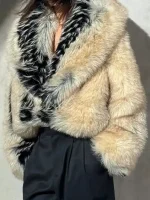Close up front view of Erin Andrews viral fur coat gradient detail