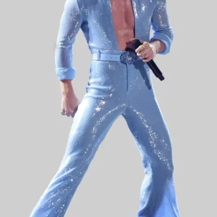 Blue sequin Benson Boone jumpsuit front view with bold stage shine