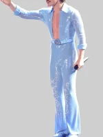 Side view of blue sequin Benson Boone jumpsuit showing clean shape and fit