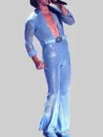 Full view of blue sequin Benson Boone jumpsuit for a standout concert and party outfit