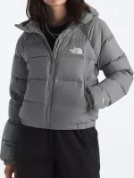 Front view of women’s Hydrenalite grey puffer jacket with hood, zip closure, and warm padded panels.