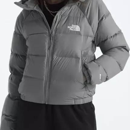 Front view of women’s Hydrenalite grey puffer jacket with hood, zip closure, and warm padded panels.