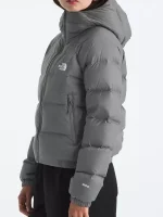 Side view of women’s Hydrenalite grey puffer jacket showing hood shape, sleeve fit, and padded winter profile.