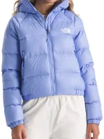 Front view of The North Face puffer jacket showing hooded style, zipper closure, and padded winter panels.