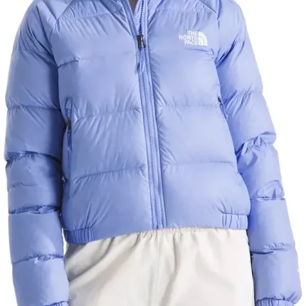 Front view of The North Face puffer jacket showing hooded style, zipper closure, and padded winter panels.