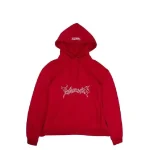 vetements red hoodie front view in a relaxed fit