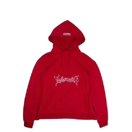 vetements red hoodie front view in a relaxed fit