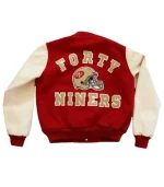 San Francisco 49ers 80's Varsity Jacket back view with large team embroidery
