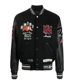 Amiri logo patch varsity jacket front view in clean streetwear style