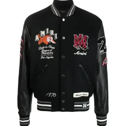 Amiri logo patch varsity jacket front view in clean streetwear style
